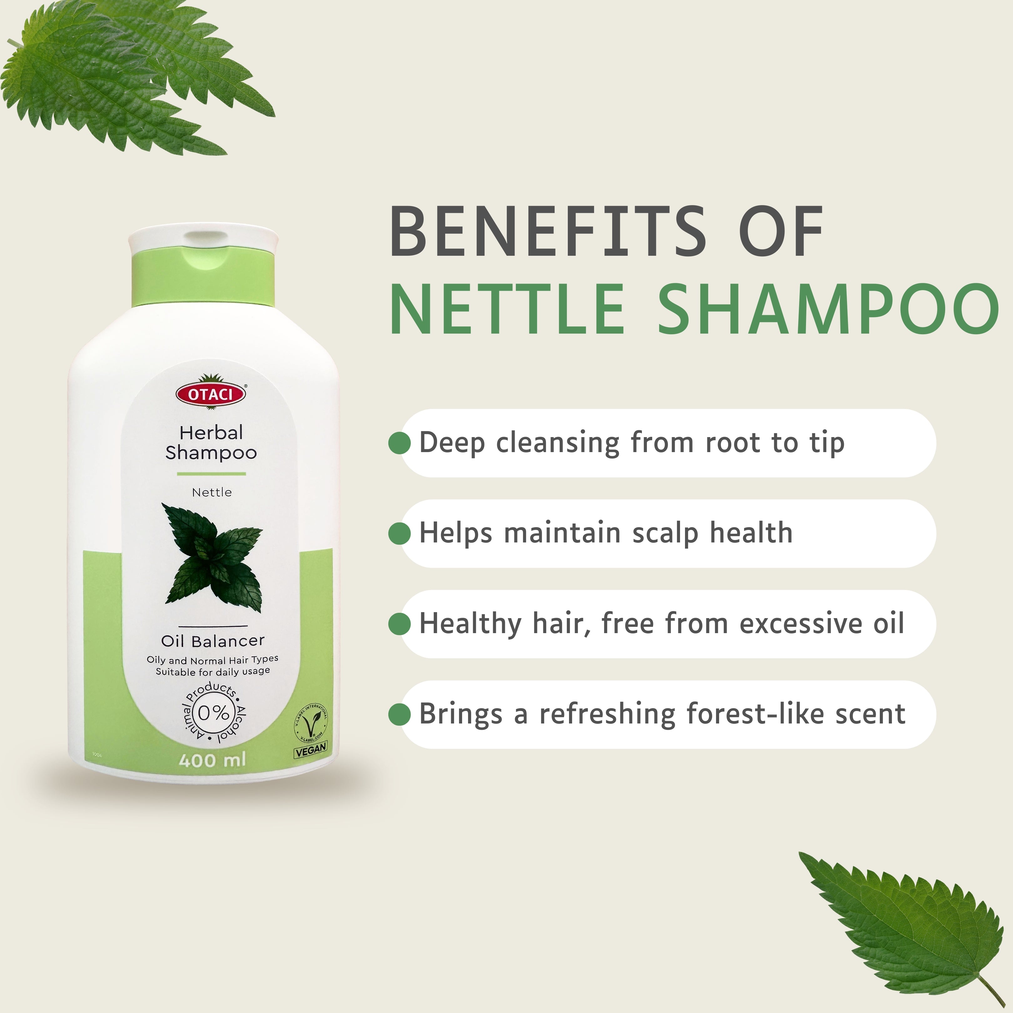 OTACI Oil Balancing Herbal Shampoo with Nettle, Everyday Use For Oily and Normal Hair, Deep Cleansing Oil-Control Shampoo, No Paraben, No Silicon, No Alcohol Vegan and Cruelty-Free Shampoo 13.5 Fl Oz