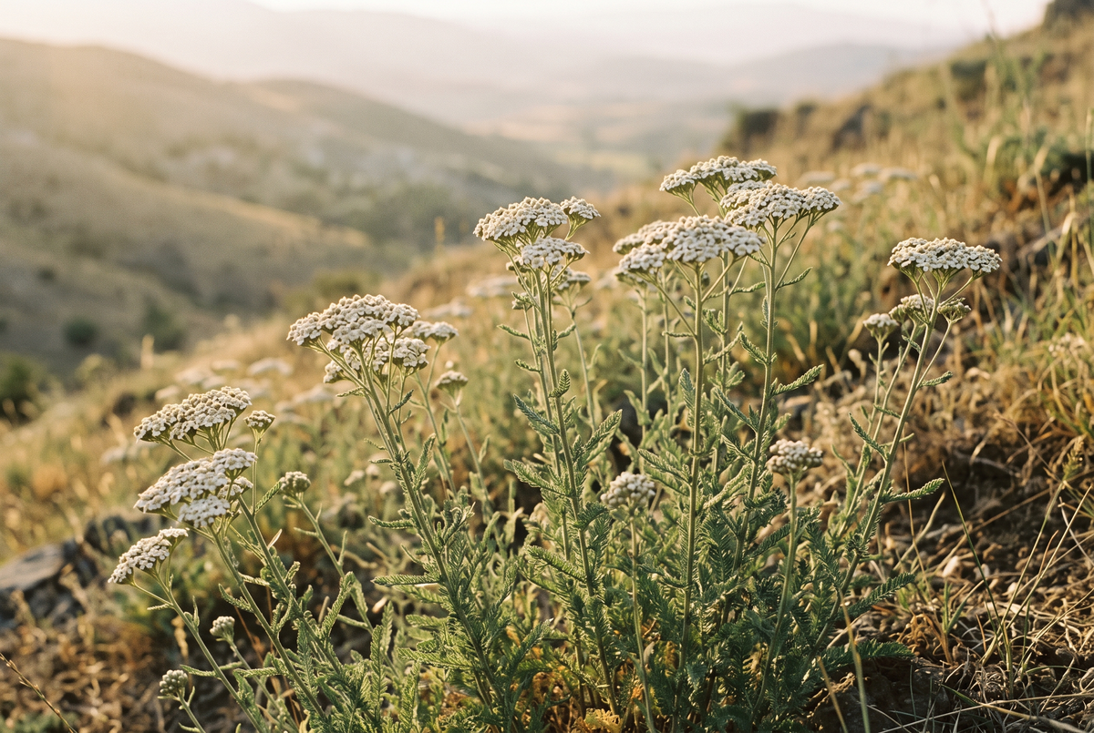 Wild common yarrow with flat-topped clusters of cream-white flowers growing on a dry hillside at first light