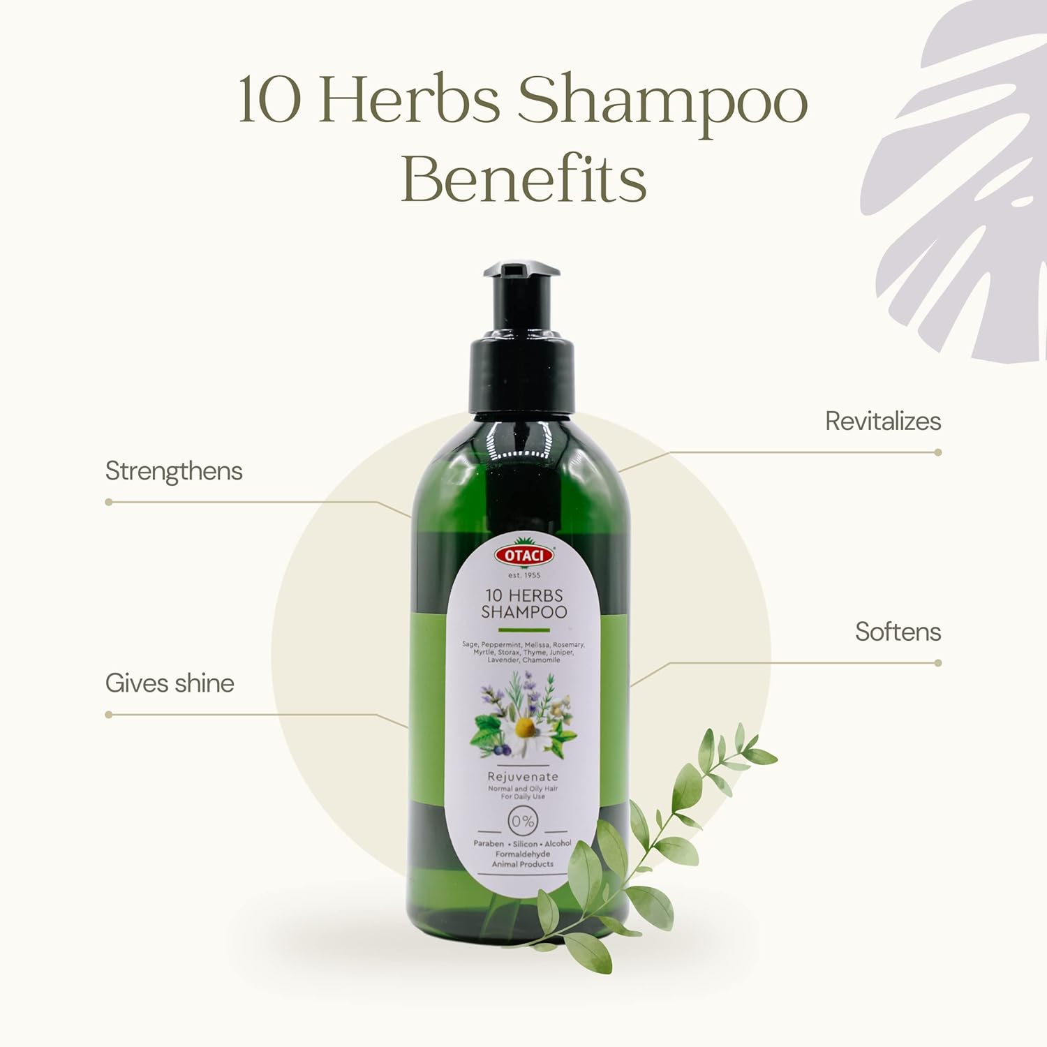A visual of benefits of Otaci 10 Herbs Shampoo rejuvenating natural ingredients. 