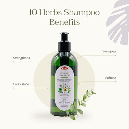 A visual of benefits of Otaci 10 Herbs Shampoo rejuvenating natural ingredients. 