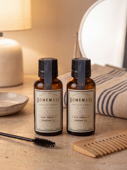 Two HomeMade Aromaterapi cold-pressed oils (Castor and Argan) displayed on a bathroom vanity with grooming tools and mirror.