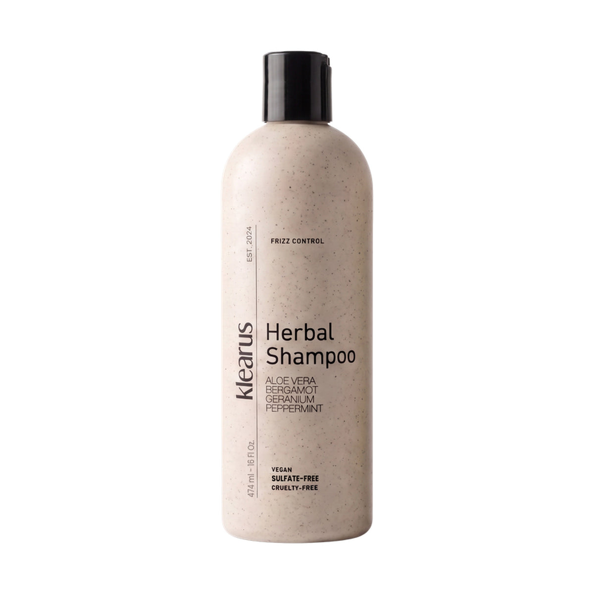 Klearus Frizz Control Herbal Shampoo, 16 fl oz bottle with aloe vera, bergamot, geranium and peppermint