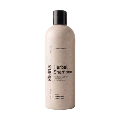 Klearus Strengthening Herbal Shampoo, 16 fl oz bottle with horse chestnut, caffeine and eucalyptus