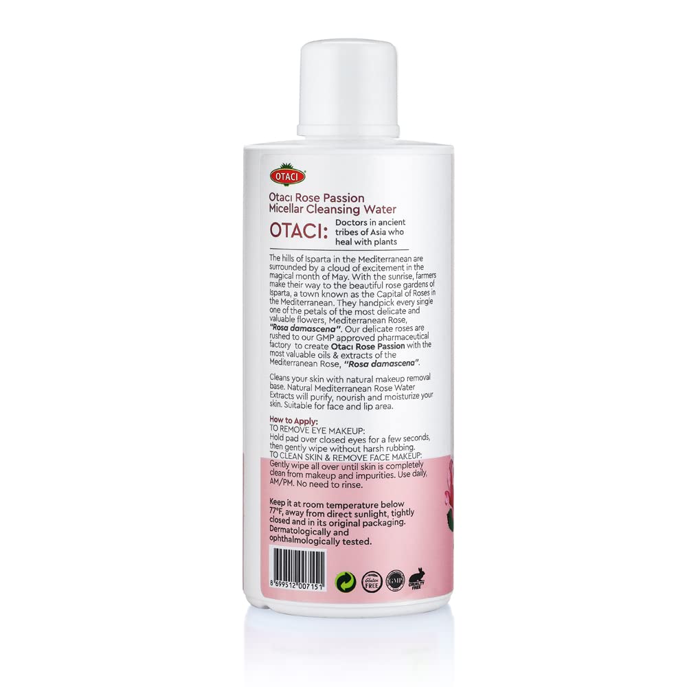 Visual of Otaci Rose Passion Micellar Cleansing Water from side showing how to apply