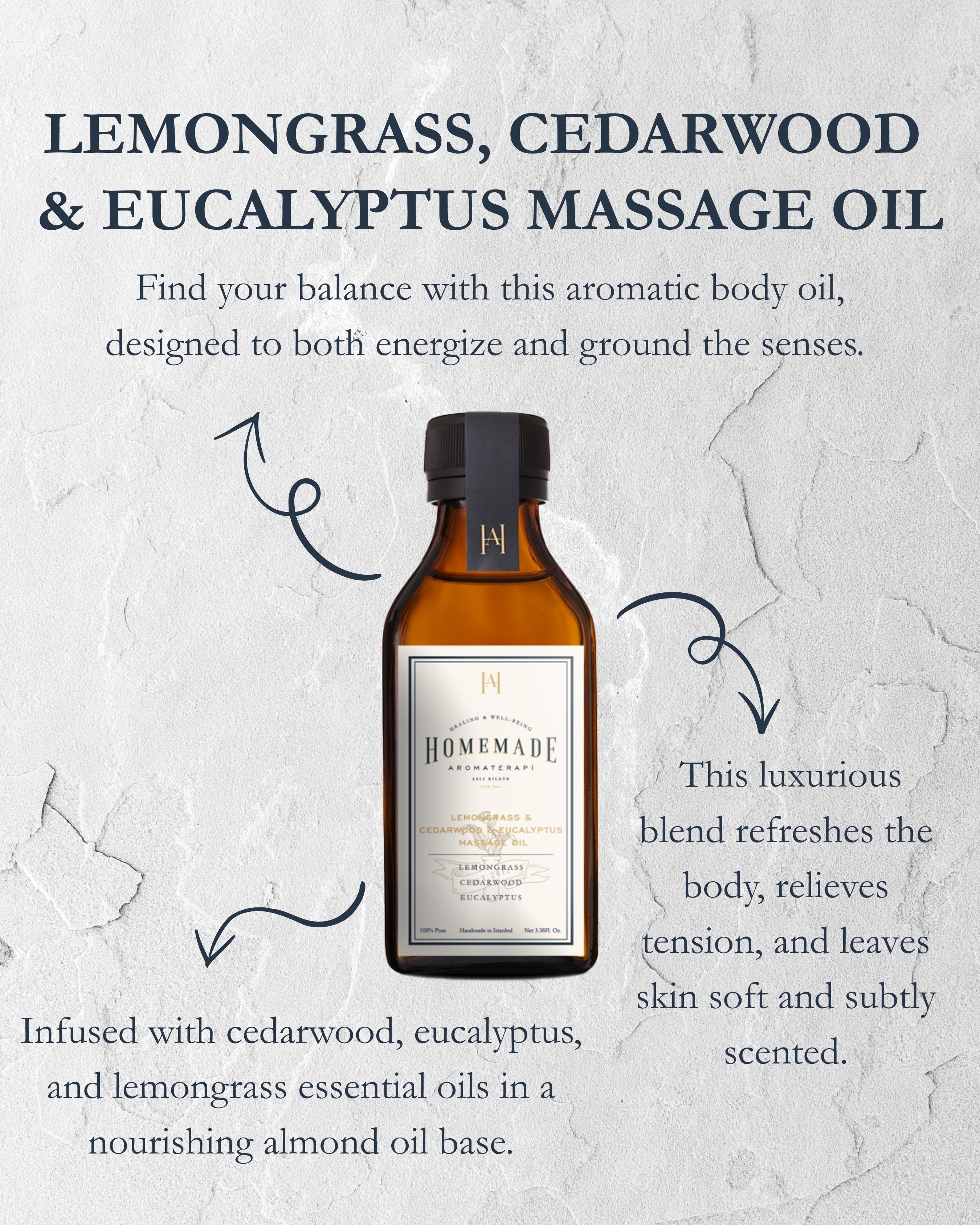 Homemade Aromaterapi | Lemongrass, Cedarwood &amp; Eucalyptus Massage Oil – Invigorating &amp; Soothing – 3.38 FL Oz.