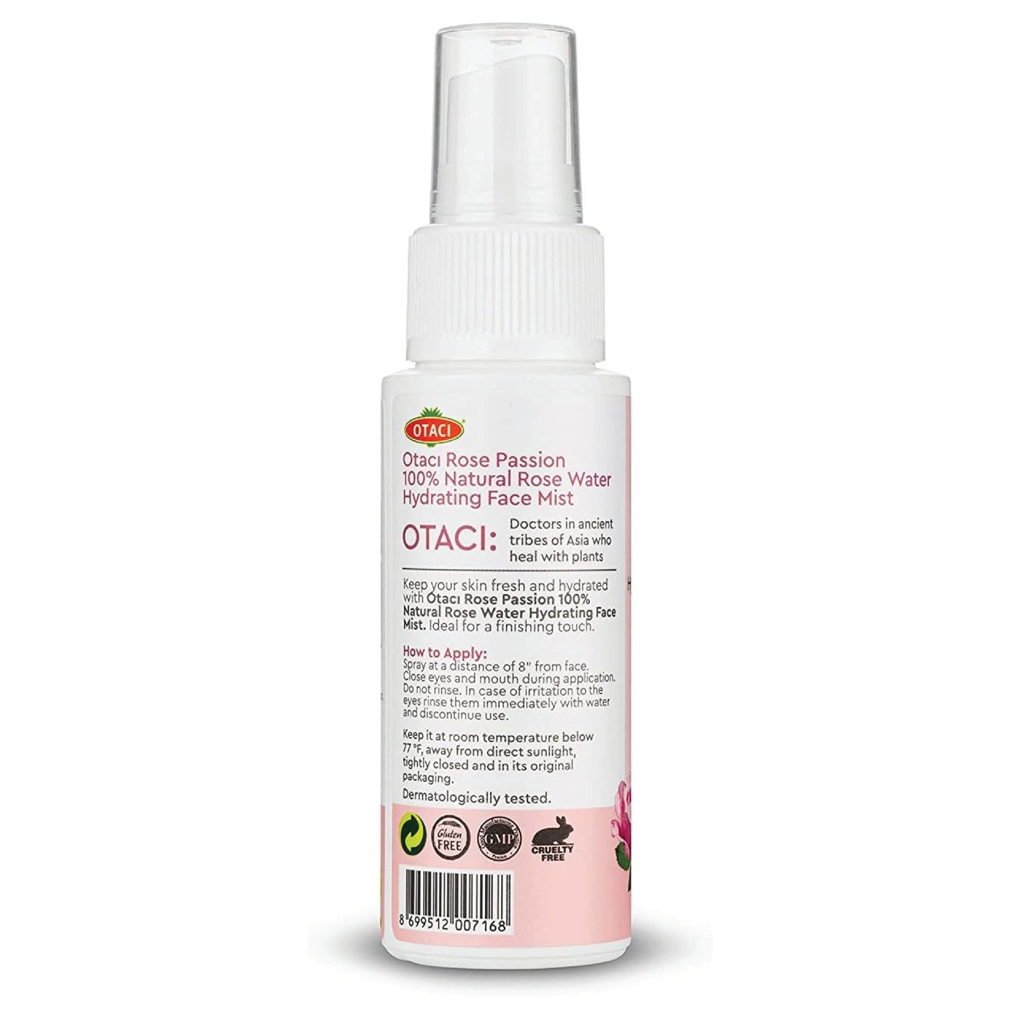 A visual of Otaci 100% Natural Rose Water Hydrating Face Mist from side showing how to apply