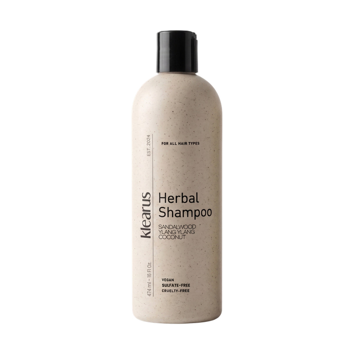 Klearus Herbal Shampoo for All Hair Types, 16 fl oz bottle with sandalwood, ylang ylang and coconut