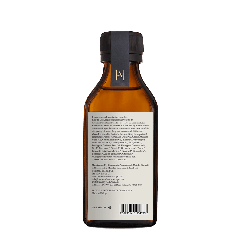 Homemade Aromaterapi | Lemongrass, Cedarwood &amp; Eucalyptus Massage Oil – Invigorating &amp; Soothing – 3.38 FL Oz. - Klearus