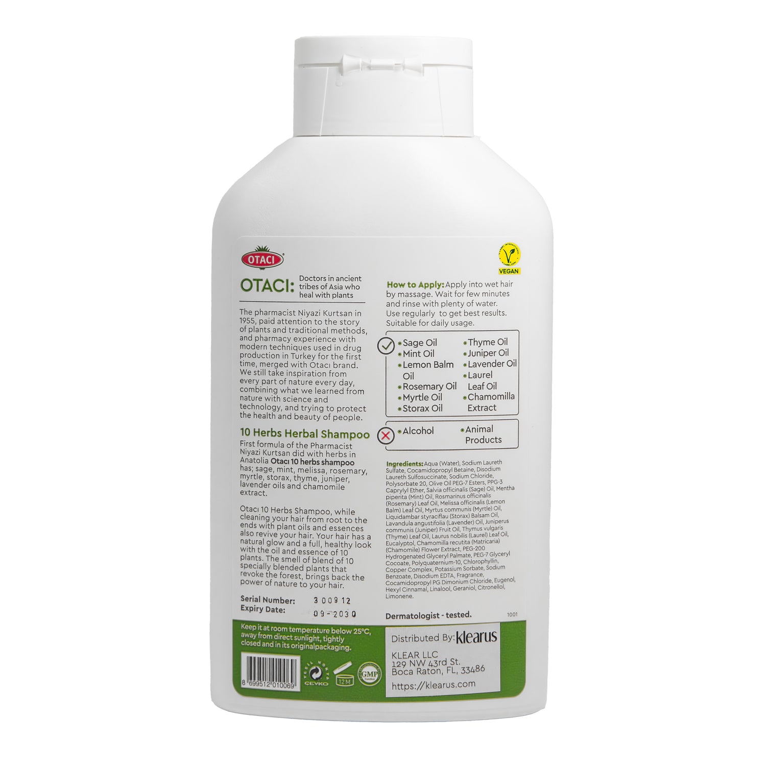 Otaci 10 Herbs Brightening Shampoo | Enhance Shine &amp; Cleanse | Silicon - Free, Paraben - Free | Sage, Lavender, Chamomile | 400ml - Klearus